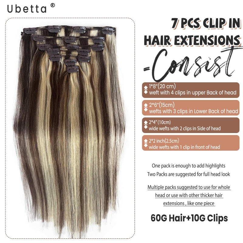Ubetta Clip in Hair Extensions Real Human Hair, Chocolate Brown and Blonde Highlights Real Hair Extensions Clip in Human Hair 22 Inch 7 Pieces Double Weft Remy Human Hair Clip ins Extensions 70G for Women - Image 2